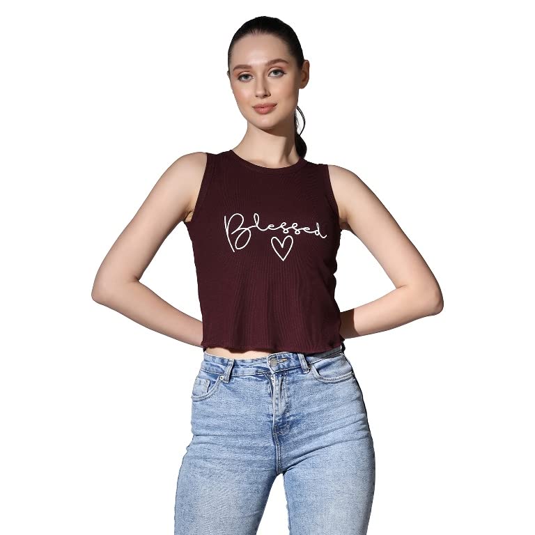 OM SAI LATEST CREATION Crop Tops for Women || Ribbed Solid Chest Printed Crop Top for Girls || Text & Hart Print with Round Neck