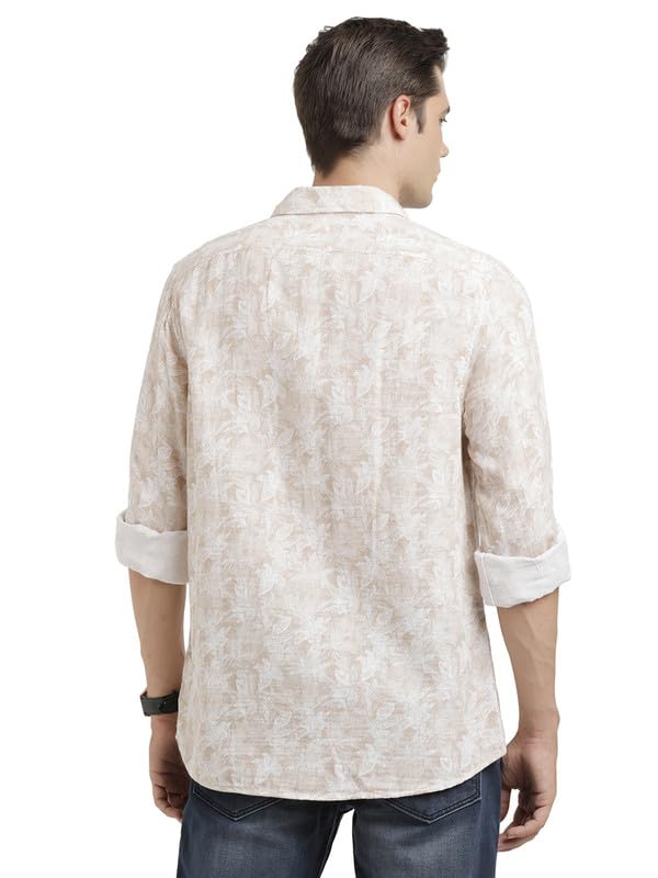 Turtle Men 100% Cotton Slim Fit Beige Printed Casual Shirt
