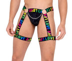 6158 - Mens Pride Thong with Attached Garters - Large / Black/Multi
