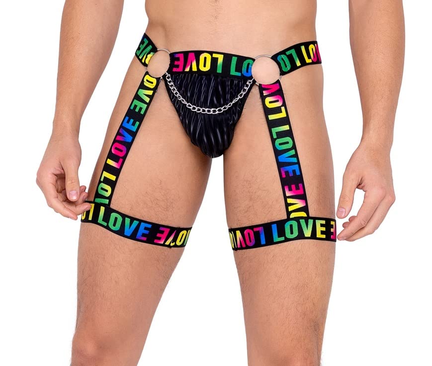 6158 - Mens Pride Thong with Attached Garters - Large / Black/Multi