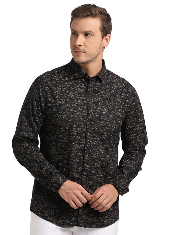 Turtle Men Cotton Linen Slim Fit Black Printed Full Sleeve Casual Shirt