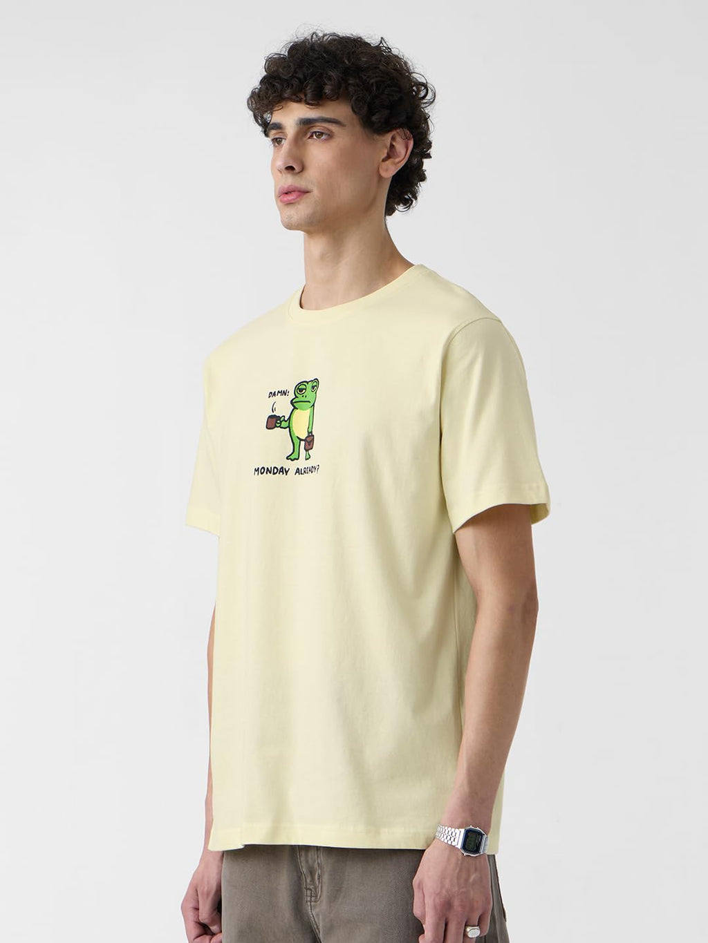The Souled Store Relaxed T-Shirt: Monday Frog Men and Boys Short Sleeves Round Neck Off White Graphic Printed Relaxed Fit Cotton