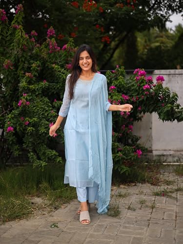 ANNI DESIGNER Womens Rayon Viscose Solid Straight Kurta with Pant & Dupatta (Hinoor Blue_M_Blue_Medium)