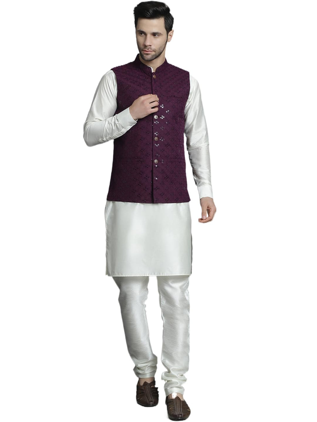 Jompers Mens Sequins And Embroidered Nehru Jacket With Solid Kurta Pyjama Set
