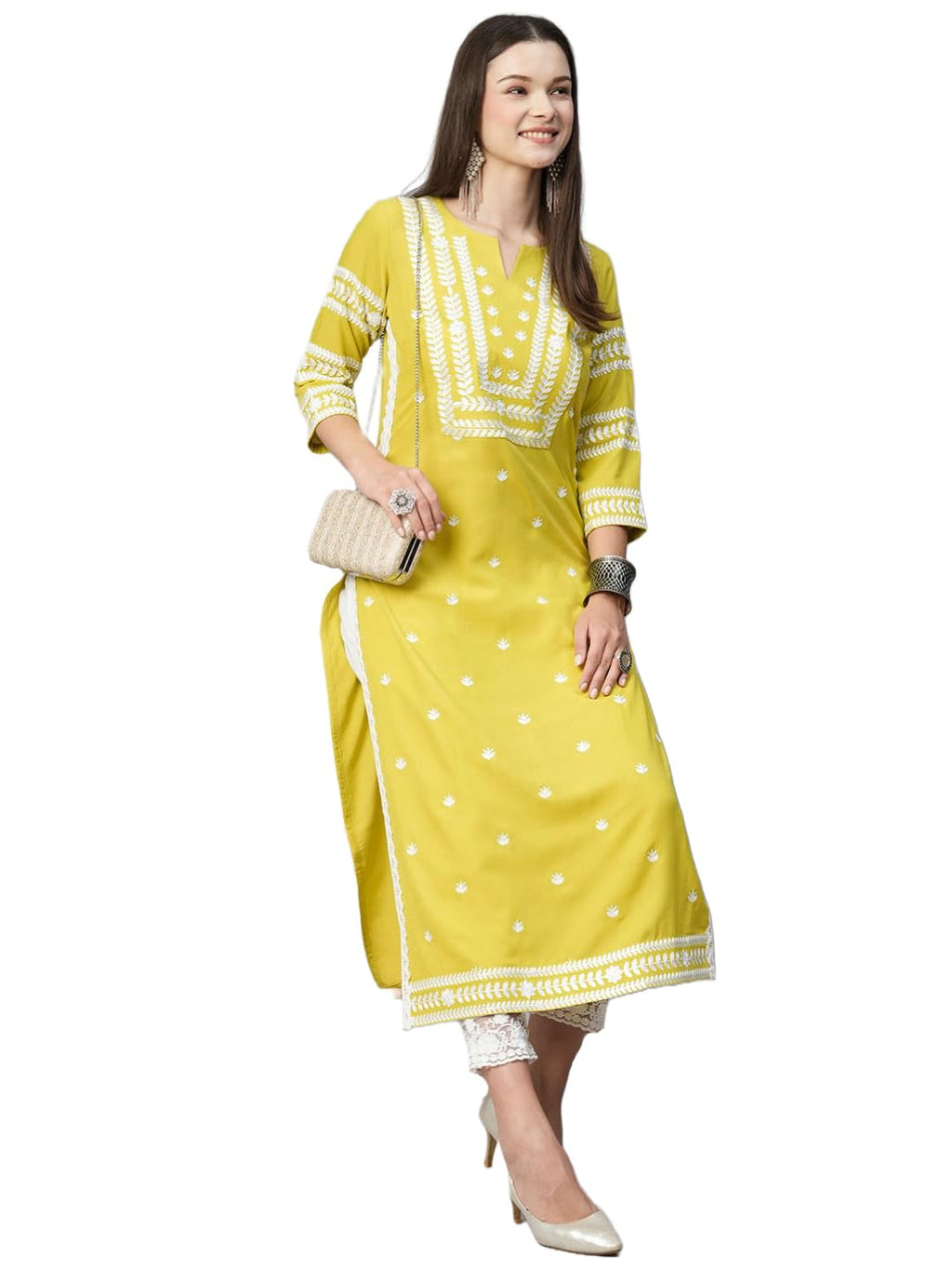 ANNI DESIGNER Womens Cotton Blend Chikankari Embroidered Straight Kurta (STHO-Yellow_S_Yellow_Small)