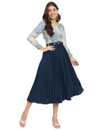 KZULLY Women Knee Length A-Line Dress with Pleats, Has an Square Neck, Printed Top Comes with A Belt Blue