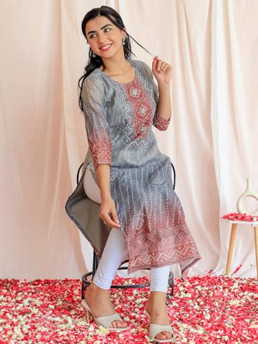 Libas Grey Printed Chanderi Silk Straight Kurta