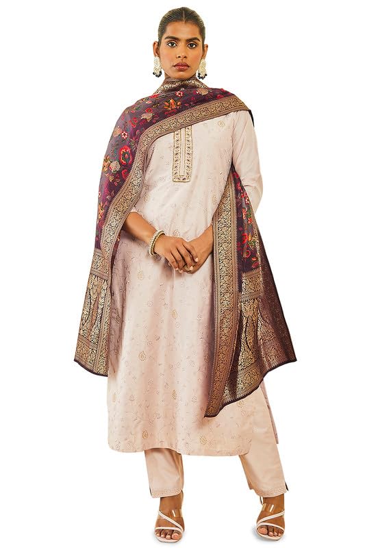 Soch Women Silk Blend Floral Embroidered Suit Set with Contrast Dupatta