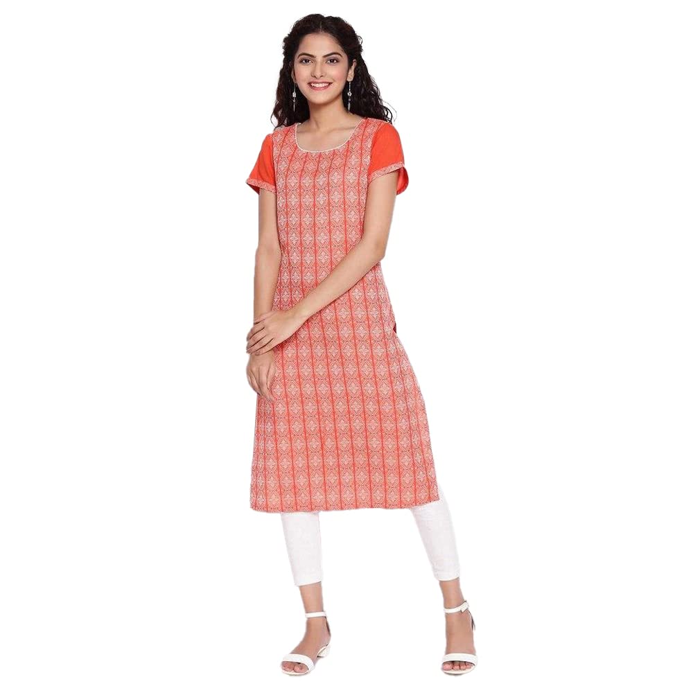 Aurelia Round Neck Cotton Womens Knee Length Kurta (S21Aua11871C002,Orange,Small)