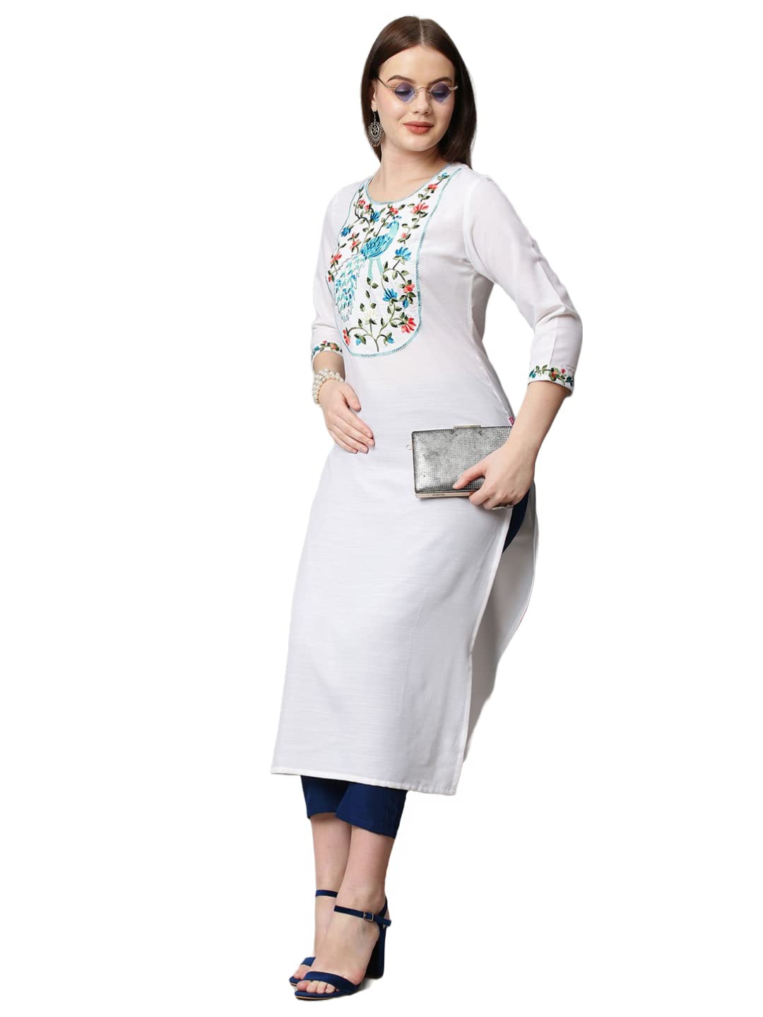 ANNI DESIGNER Womens Cotton Blend Traditional Straight Solid Kurta and Pant Set (Dona White_M_White_Medium)