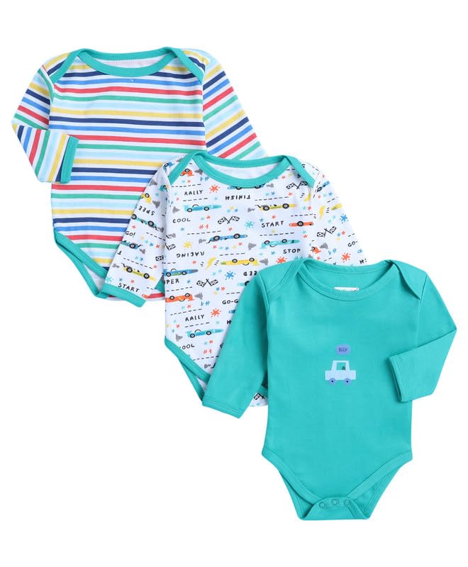 BUMZEE Green & White Baby Boys Full Sleeves Cotton Bodysuit/Onesies Pack Of 3 Age - New Born (Peb9950A-grn.wht)