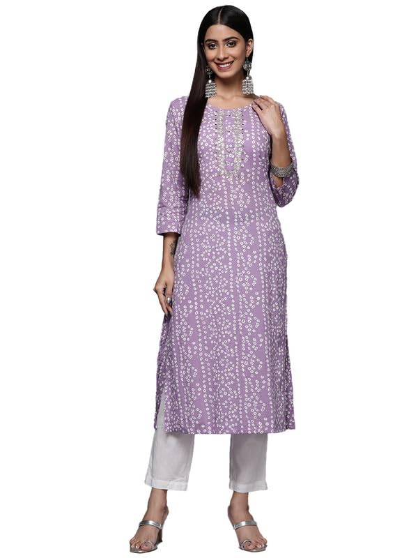 Varanga Womens Cotton Printed Regular Kurta (VKUR448_Lavender