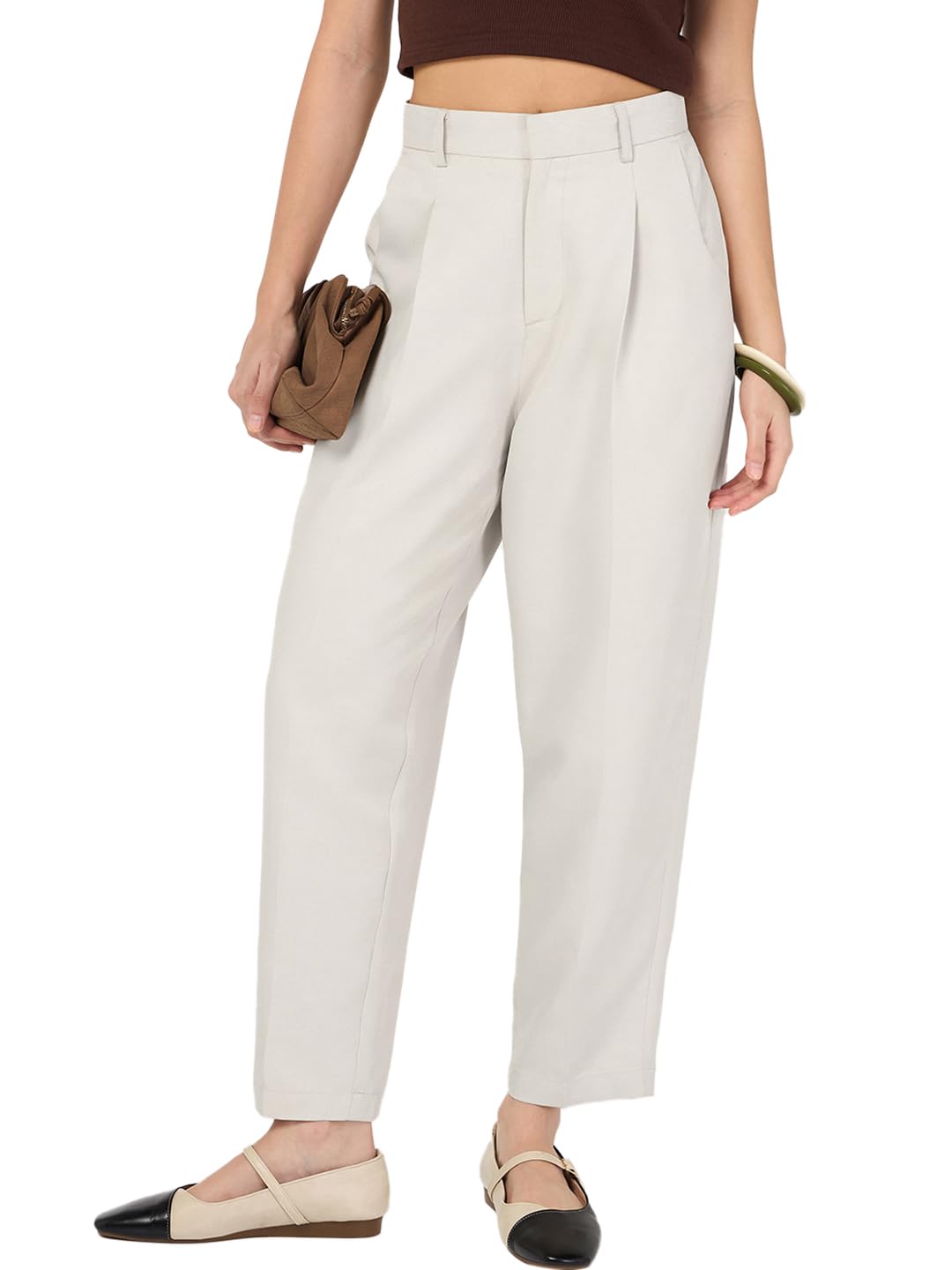 Bewakoof Womens Solid Tapered Fit Polyester Blend Ankle Length Casual Pants_683847_Beige_30