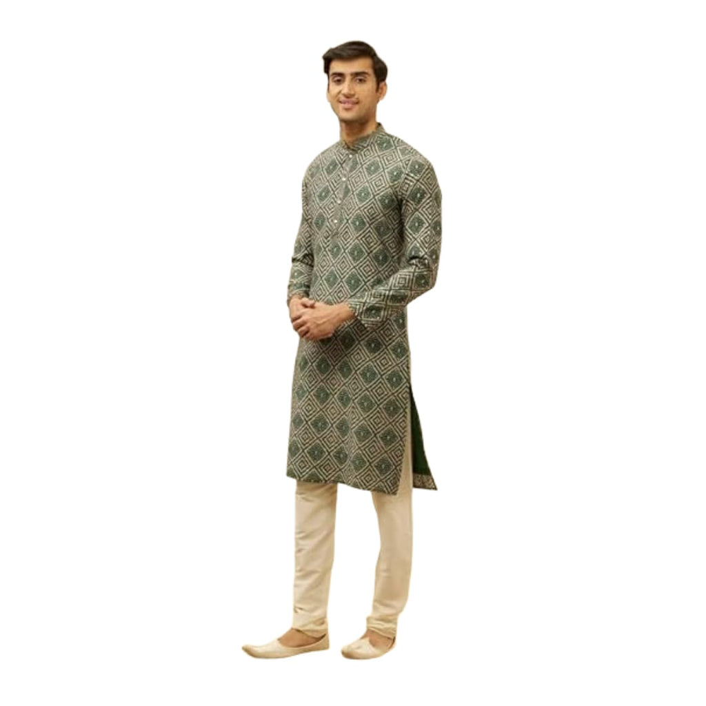 Manyavar Mens Green Blended Viscose Printed Kurta Churidar Set (2XL)