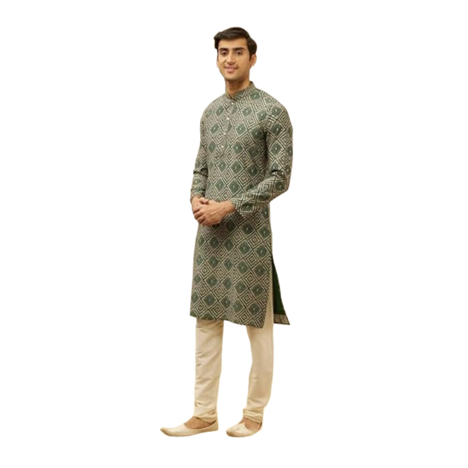 Manyavar Mens Green Blended Viscose Printed Kurta Churidar Set (2XL)