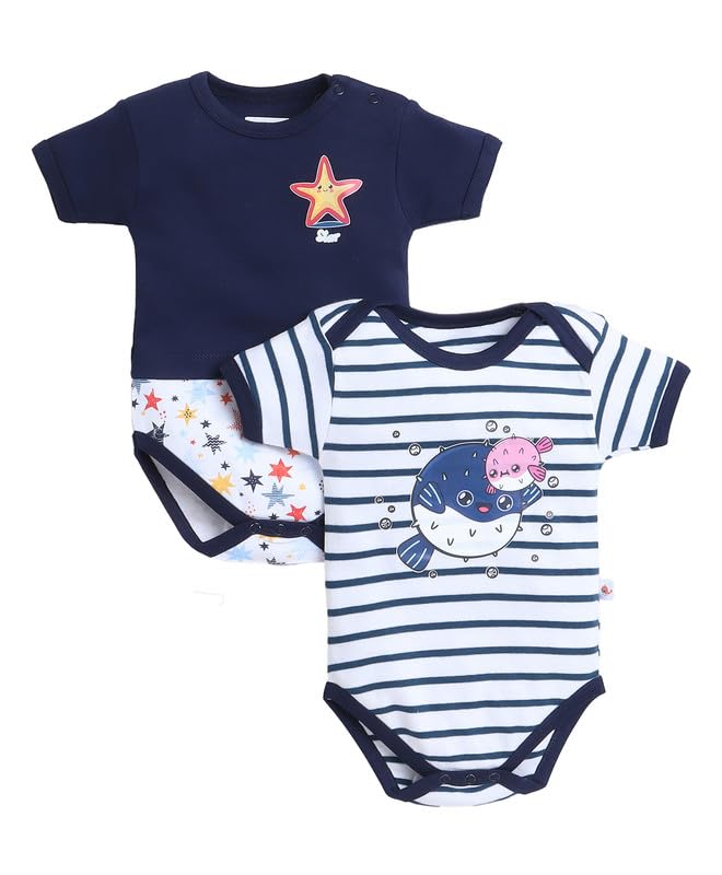 BUMZEE Navy & White Boys Half Sleeves Bodysuit Pack Of 2 Age - 0-3 Months (Peb9494B-nbl.wht)