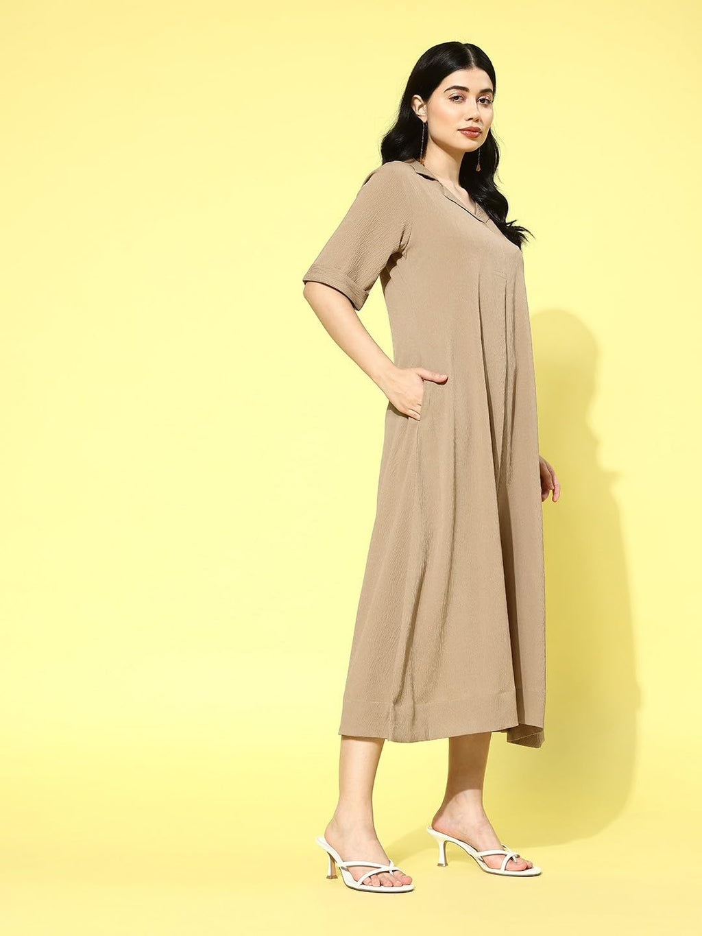 Varanga Women Beige Shirt Collar A-Line Dress  Stylish Calf Length Short Sleeves Dress For Comfortable Everyday Wear, Women Kurt