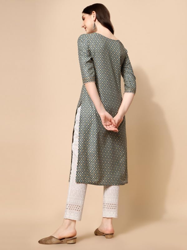 Nainvish Women'S Cotton Blend Straight V-Neck Printed Kurta (Sd418_K-S._Green)