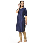 Fabindia Women Silk Straight Slim Fit Knee Length Kurta Viscose_ Navy Blue
