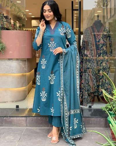 ANNI DESIGNER Womens Rayon Blend Straight Printed Kurta with Pant & Dupatta (Jimny Blue_S_Blue_Small)