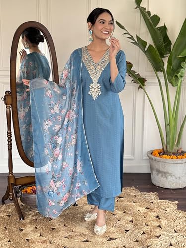 Toochki Women'S Aqua Blue Viscose Rayon Straight Embroidered Kurti And Palazzo & Printed Dupatta Set