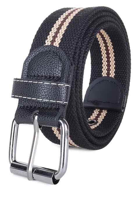 Nahsoril Casual Woven Cotton Canvas Belt | Black With Beige Stripes | Metal Buckle, Adjustable Elastic Fabric Belt For Unisex. ( 28-36