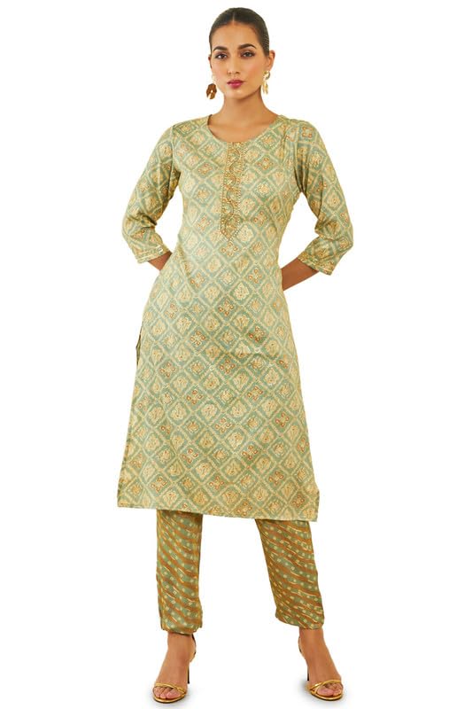 Soch Womens Sap Green Rayon Printed Straight Kurta Set With Gota Patti Work