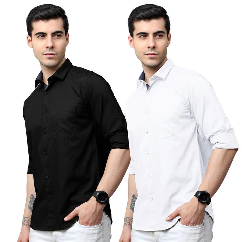 Tee Projekt Cotton Shirt for Men Ll Front Pocket Shirt Ll Stylish Long Sleeve Shirt Ll Soild Regular Fit (Pack of 2) Black-White