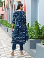 ANNI DESIGNER Womens Cotton Blend Straight Printed Kurta with Pant & Dupatta (Thaka Blue_L_Blue_Large)