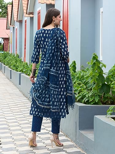 ANNI DESIGNER Womens Cotton Blend Straight Printed Kurta with Pant & Dupatta (Thaka Blue_L_Blue_Large)
