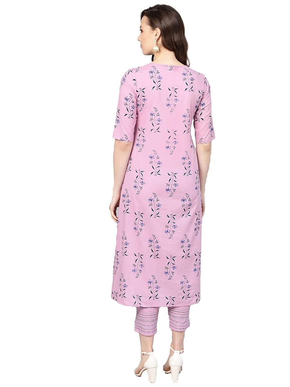 Gosriki Women'S Cotton Straight Printed Kurta With Pant (Pink,S)