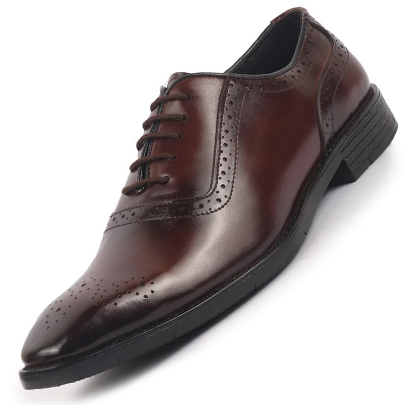FAUSTO FST FOSMF2177 BROWN42 Men Brown Genuine Leather Formal Classic Lace Up Brogue Shoes for Work | Tuxedo Lace Up Shoes (8  8