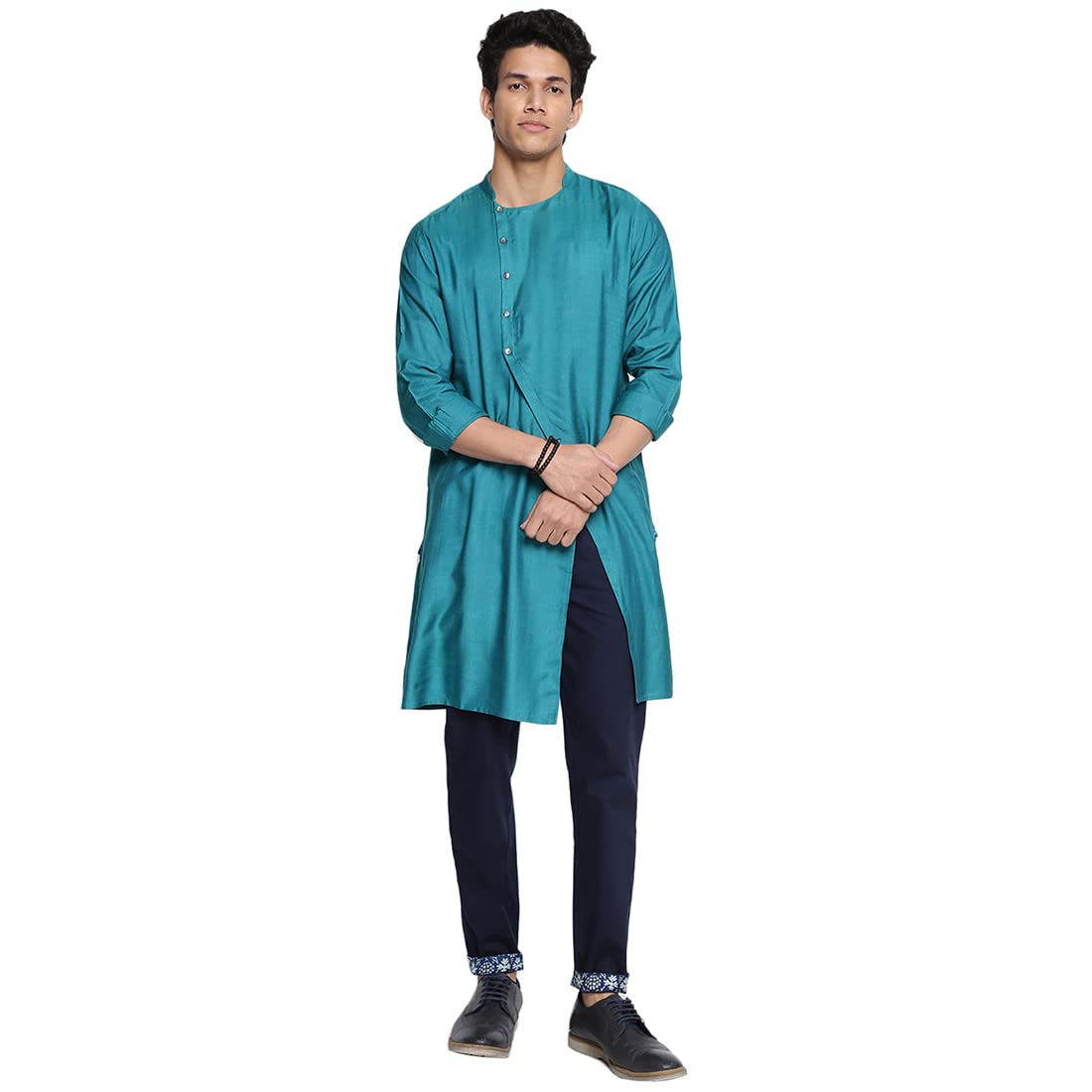 Fabindia MenS Viscose Silk Solids Slim Kurta (102587601_Teal
