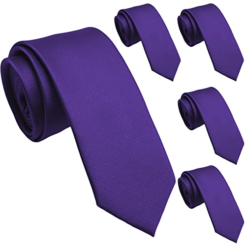 ZENXUS Solid Skinny Ties for Men, 2.5 inch Slim Royal Purple Ties Bulk for Wedding and Activities, 5-Pack