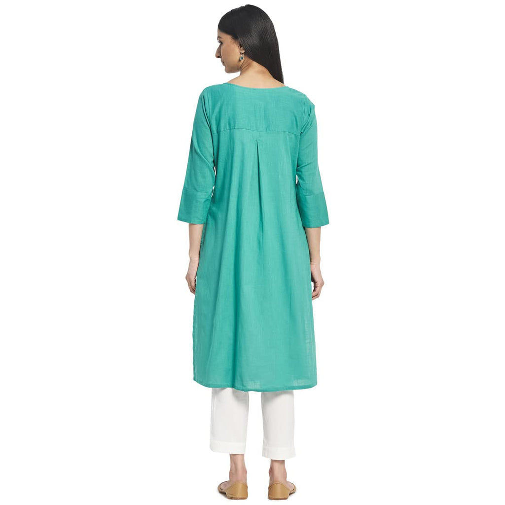 Fabindia Women Woven Round Neck Long Kurta Cotton_Green