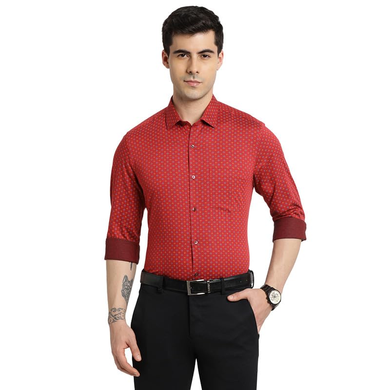 Turtle Men 100% Cotton Red Printed Slim Fit Formal Shirt
