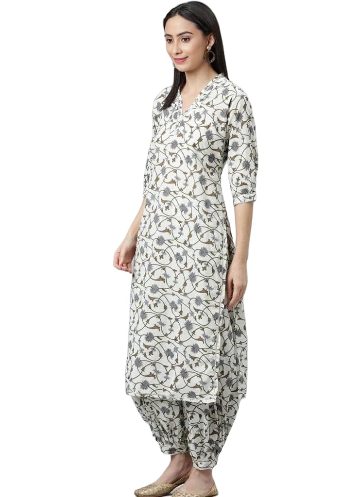 LookMark Womens Trendy Printed Cotton Blend Straight White Color Kurta and Afghani Pant Set (KS2072-S)