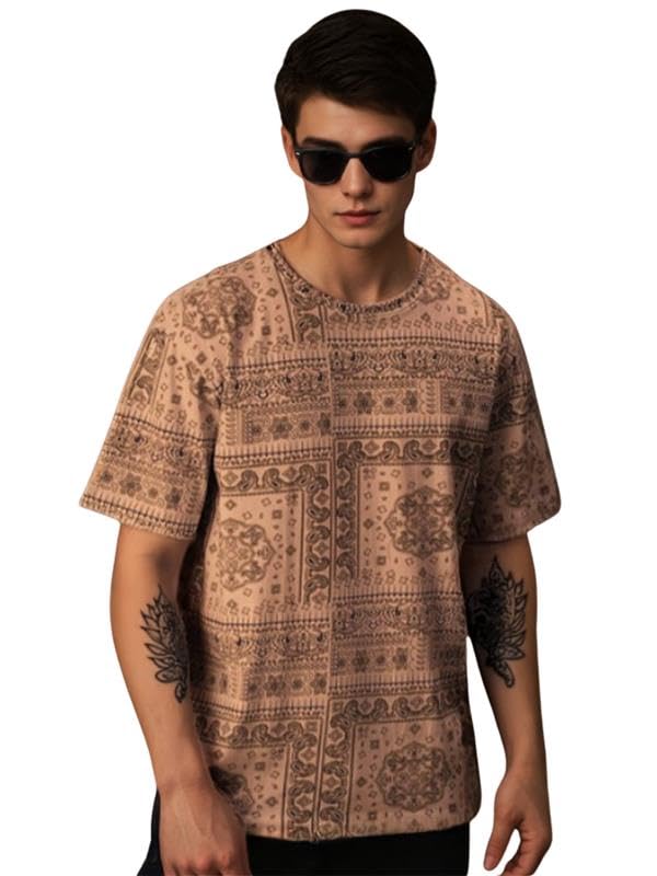 Veirdo Men's Cotton Oversized Loose Baggy Fit Drop Shoulder Round Neck Paisley Short Sleeve T-Shirt Bei