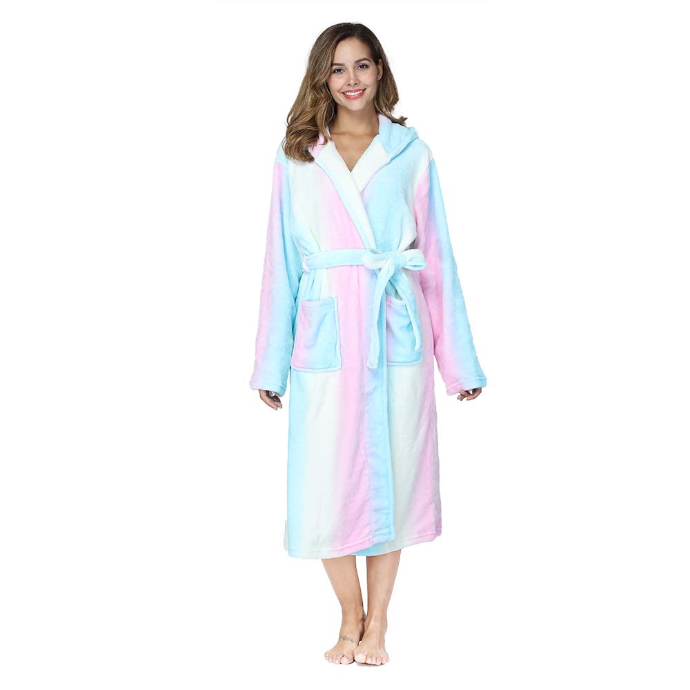 RONGTAI Womens Robes Plush Fleece Print Rainbow Hooded Bathrobe Thick Nightgown with Pockets Fluffy Sleepwear Large