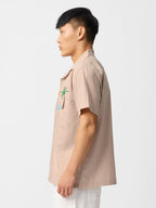 The Souled Store Aurora Men and Boys Short Sleeves Collared Neck Button Front Beige Embroidered Cotton Holiday Shirts