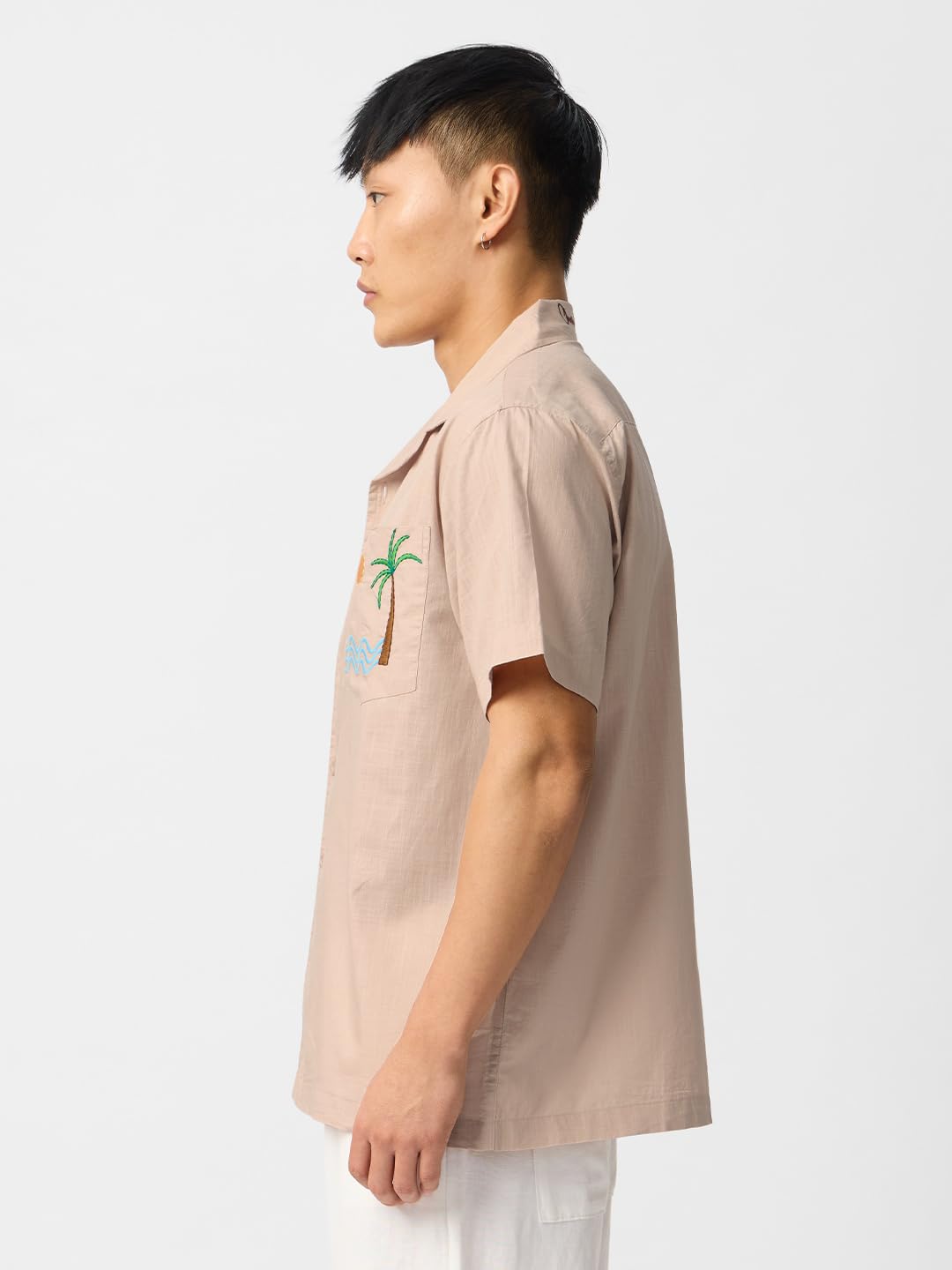 The Souled Store Aurora Men and Boys Short Sleeves Collared Neck Button Front Beige Embroidered Cotton Holiday Shirts