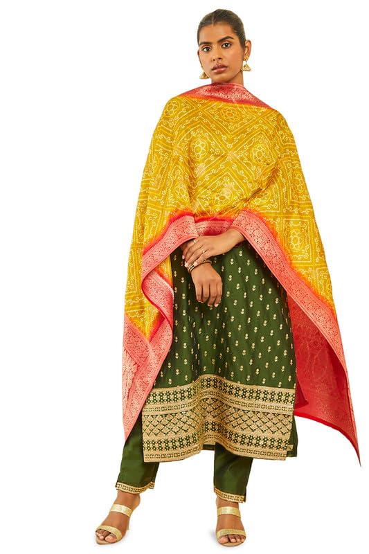 Soch Women Chanderi Embroidered Suit Set with Bandhani Zari Woven Dupatta