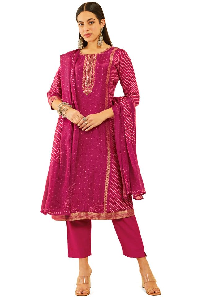 Soch Women Brocade Bandhani Printed Suit Set with Mirror Work