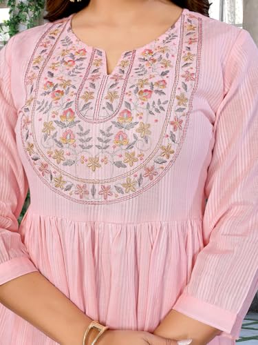 Rangita Women Pink Cotton Embroidered Flared Calf Length Dress_S