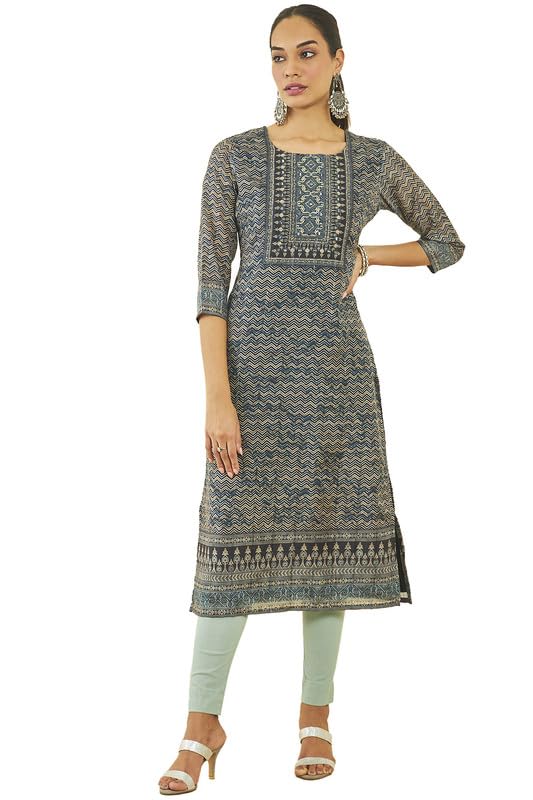 Soch Women Chanderi Chevron Print Straight Kurta with Pocket