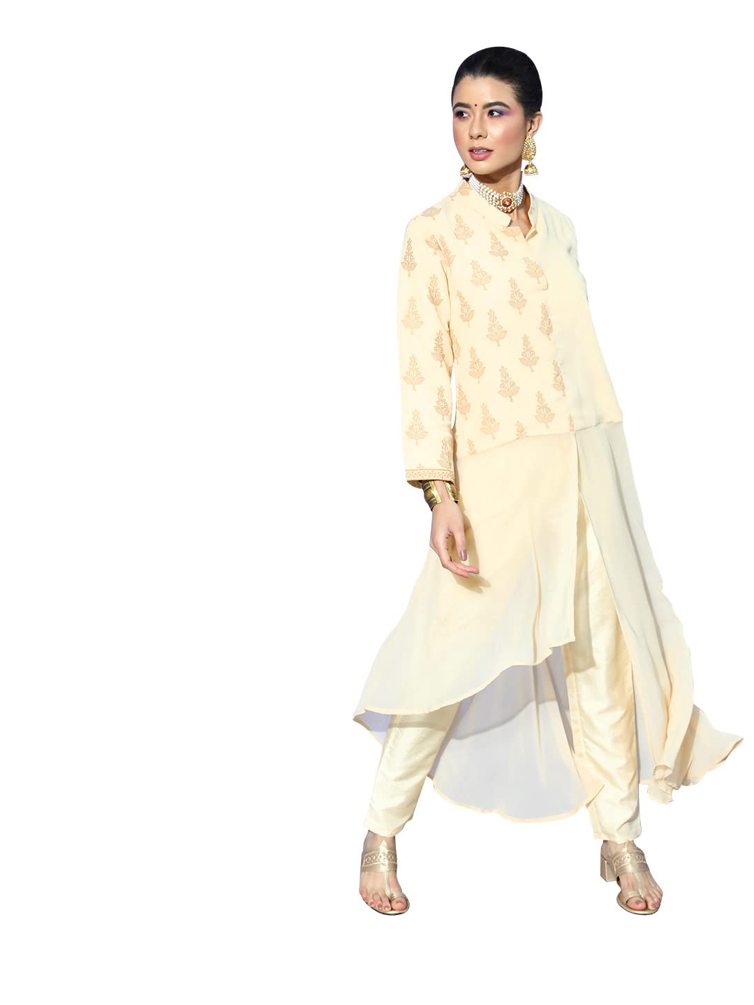 Ziyaa Women'S Cream Georgette Asymmetric Kurta And Pant Set(Zikugr3757Andpa-Xl)