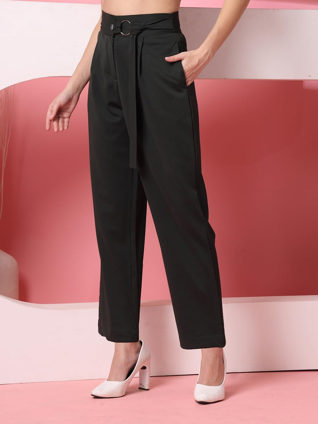 Womens Wide Leg Pants | Solid Green Stretchable Polyester Trousers | Stylish Korean Clothing | Flared, Straight Fit, Baggy, and