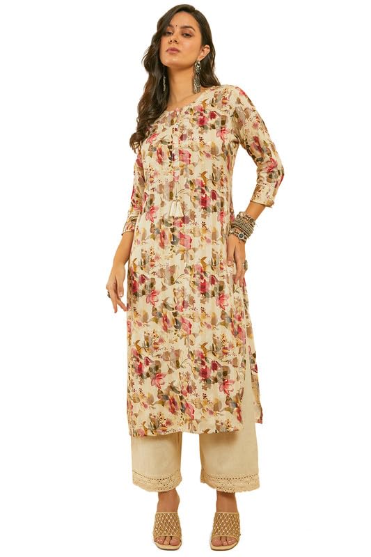 Soch Women Rayon Floral Print Kantha Weave Kurta with Tassels