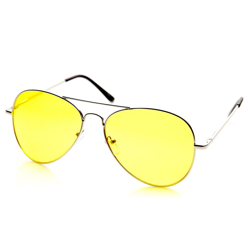 zeroUV Classic Metal Frame Yellow Tinted Night Driving Aviator Sunglasses (Silver-Black Yellow)