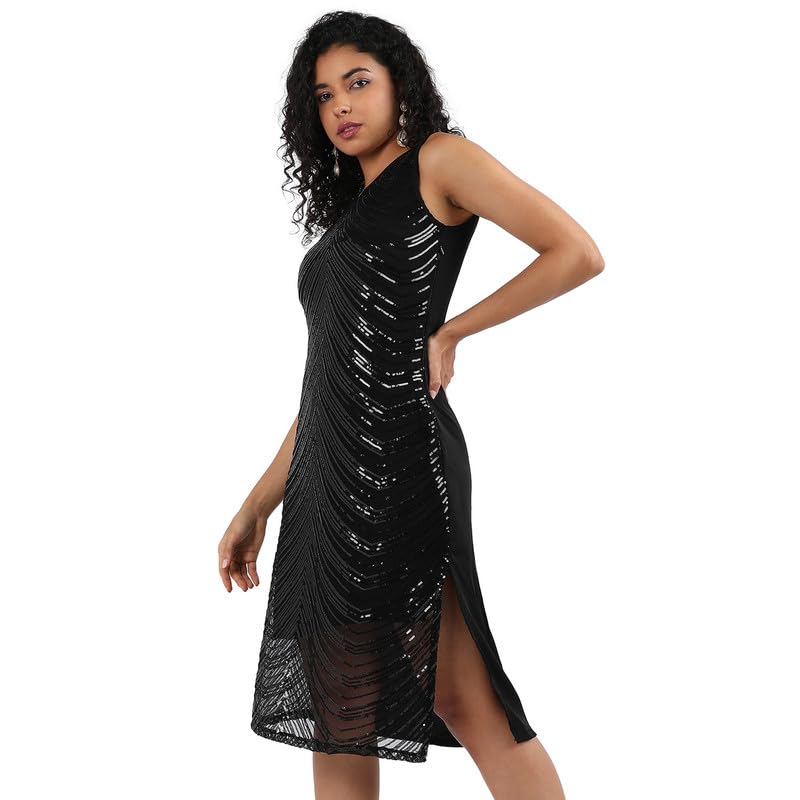 Campus Sutra Women'S Black Self-Design Dress With Sequin Detail For Casual Wear | Sleeveless | Polyester Knee Length Dress Craft